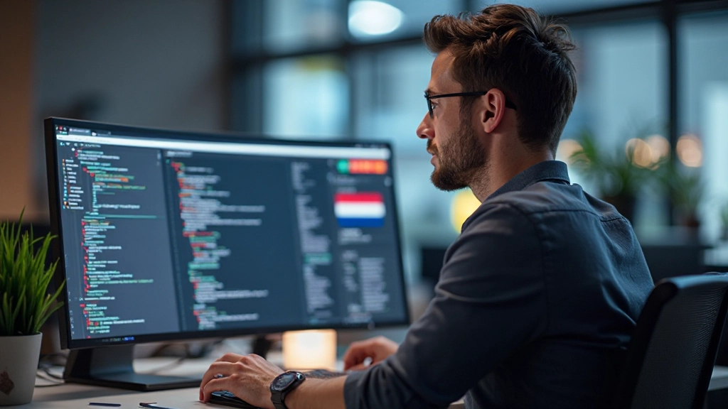 Webontwikkelaar controleert hreflang-implementatie op computerscherm met HTML-code en internationale landenvlaggen, diepgericht op technische SEO-details
