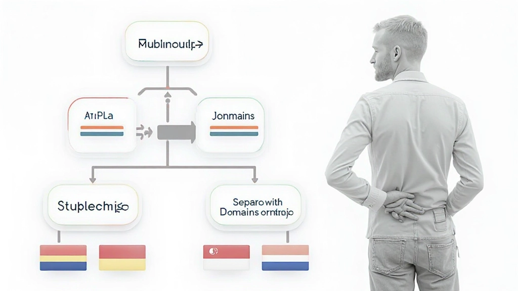 Website-architectuur diagram toont drie verschillende meertalige sitestructuren: subdirectory's, subdomains, en aparte domeinen met internationale vlaggen en verbindingslijnen