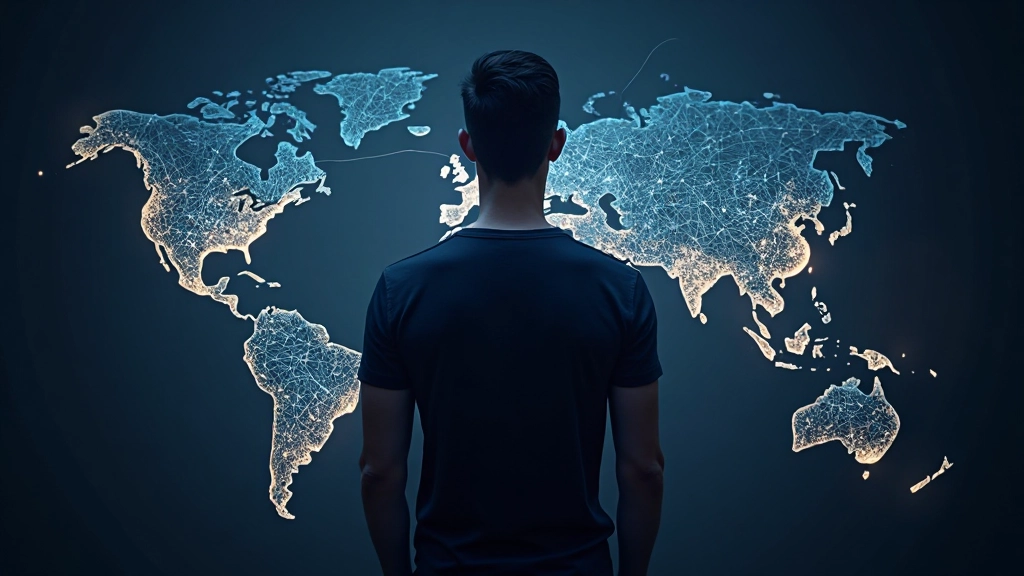 Wereldkaart met verbindingslijnen tussen landen die taalregio's aanduiden