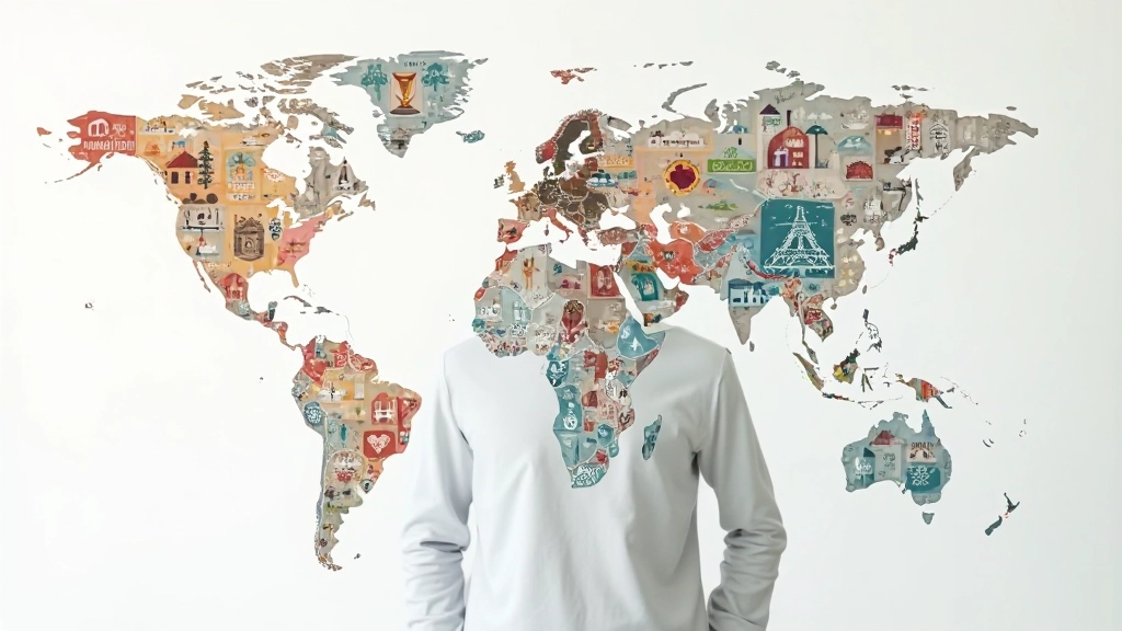 Wereldkaart met verschillende culturele symbolen en design-elementen uit verschillende regio's