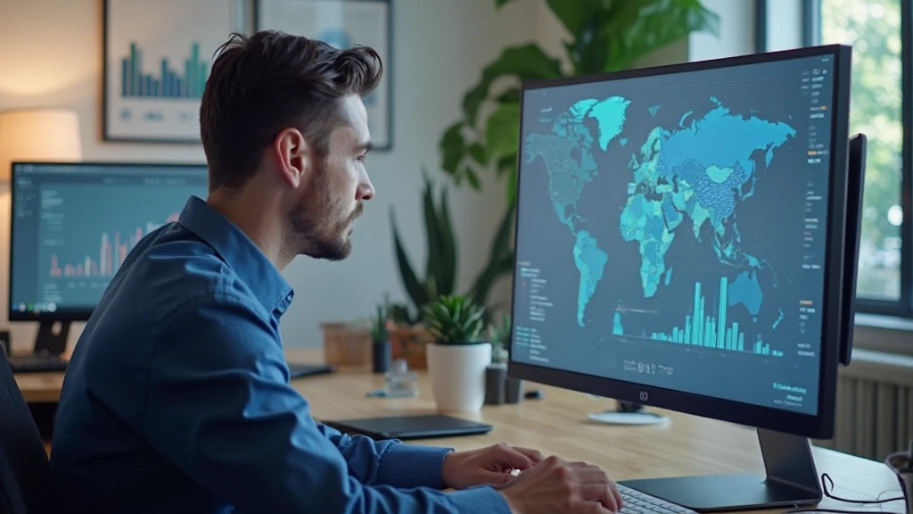 Marketing-specialist analyseert internationale zoekopdracht-data op dashboard met grafieken voor Nederlands, Engels, Duits en Frans taalmarkten, strategische planning