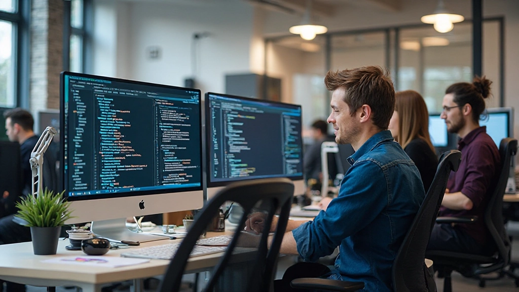 Modern webdesign kantoor met designers die werken aan internationale websites op grote monitors met kleurrijke interface elementen