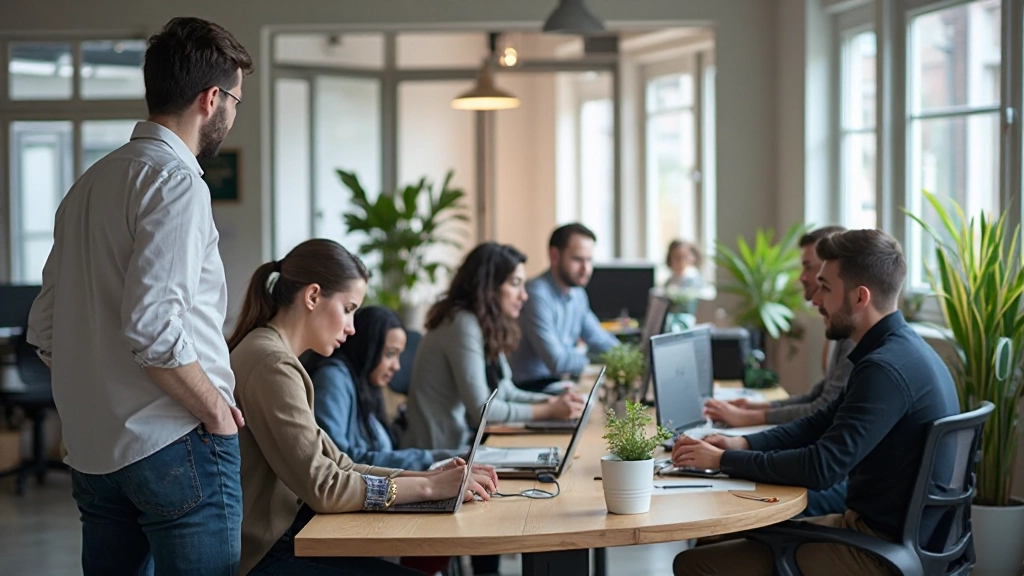 Moderne webdesign studio met team aan het werk op meertalige projecten