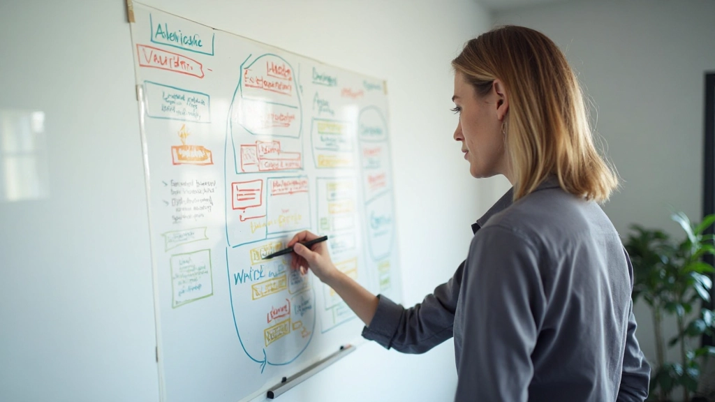 UX-designer analyseert gebruikersscenario's voor verschillende culturen op whiteboard met gekleurde schetsjes en annotaties