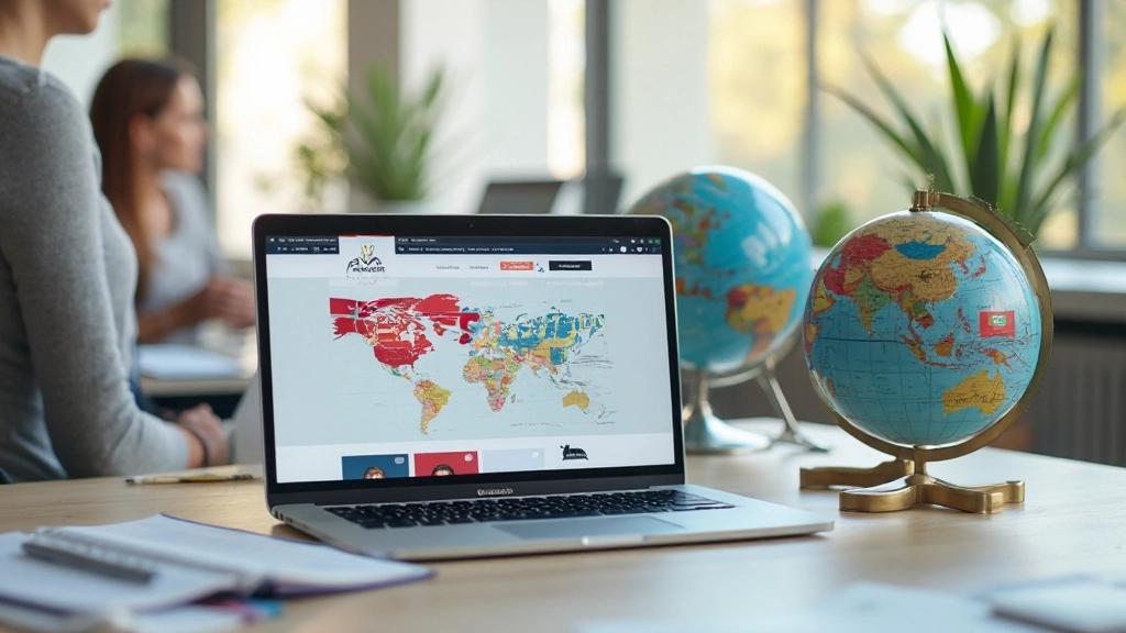 Moderne werkplek met laptop waarop meertalige website wordt weergegeven, internationale vlaggen op de achtergrond